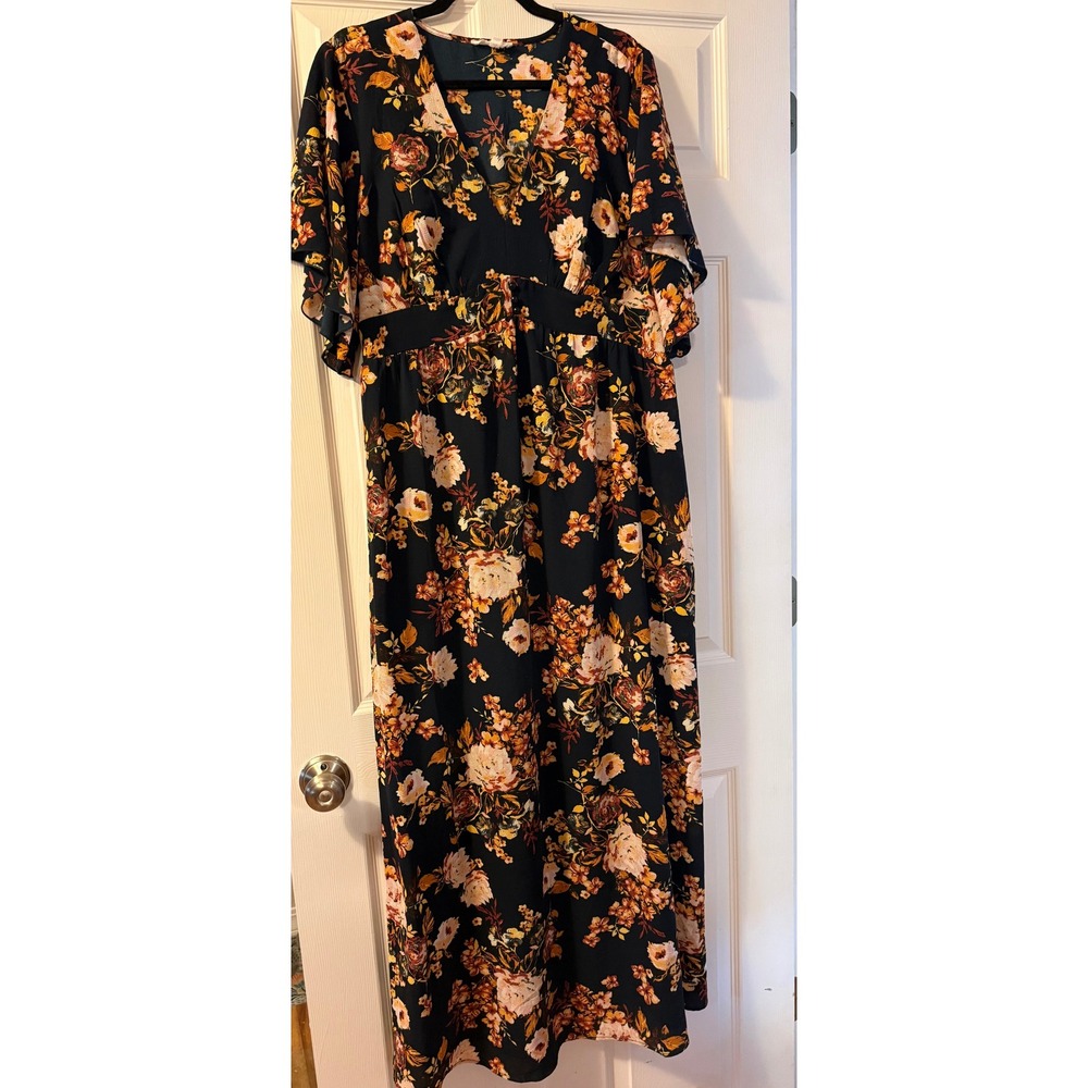 Bailey Blue Maxi Dress Womens 1X Navy Floral Empire Waist Boho Flutter Sleeve